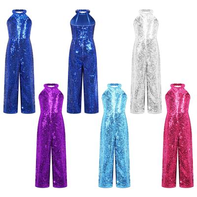 Детский комбинезон с блестящими пайетками для девочек, комбинезон для джазового балета, танцевального костюма для выпускного вечера, широкие брюки, нарядное боди