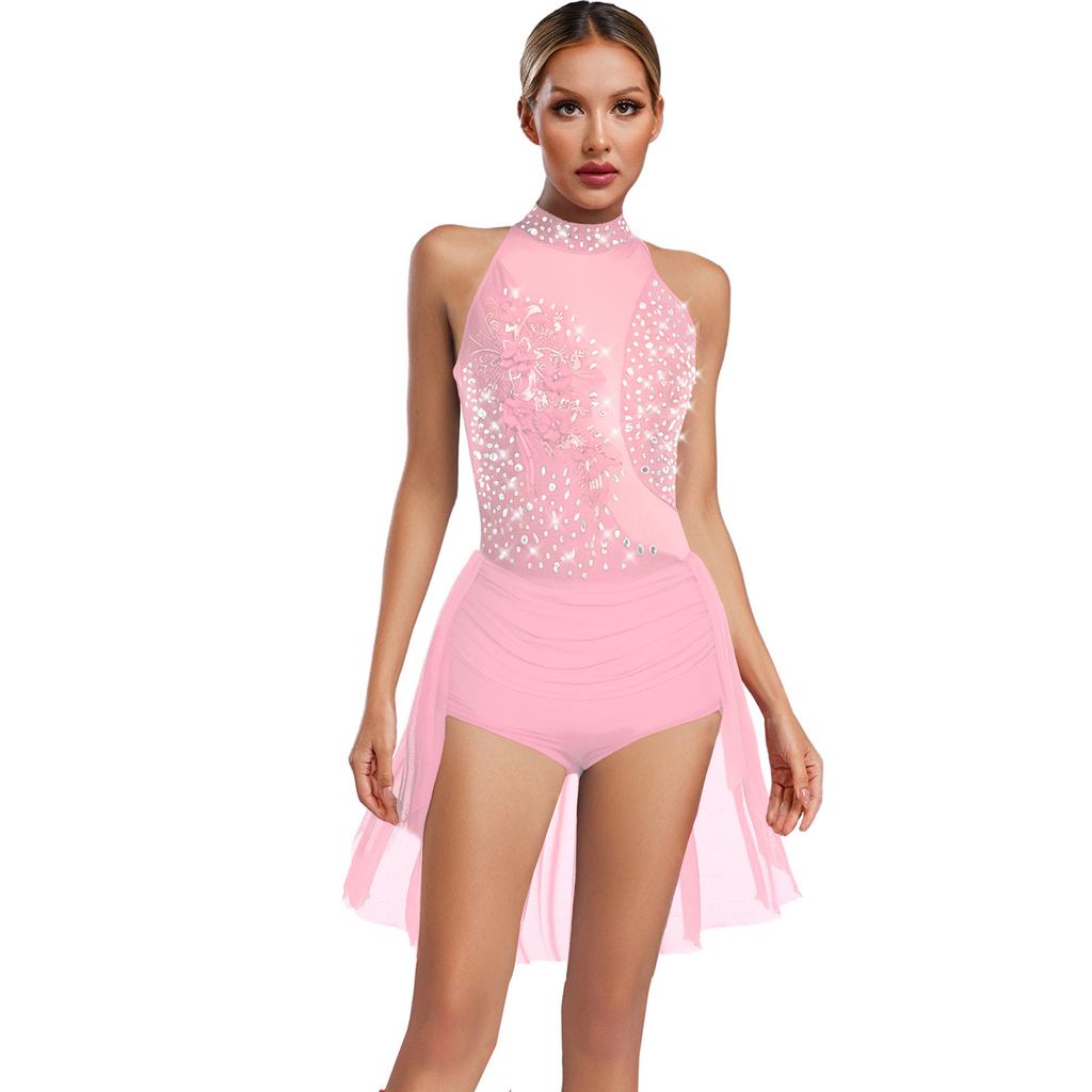 Womens Sparkly Latin Dance Wear Rhinestone Applique Sleeveless Back Hollow Skirted Leotard Gymnastics Bodysuit