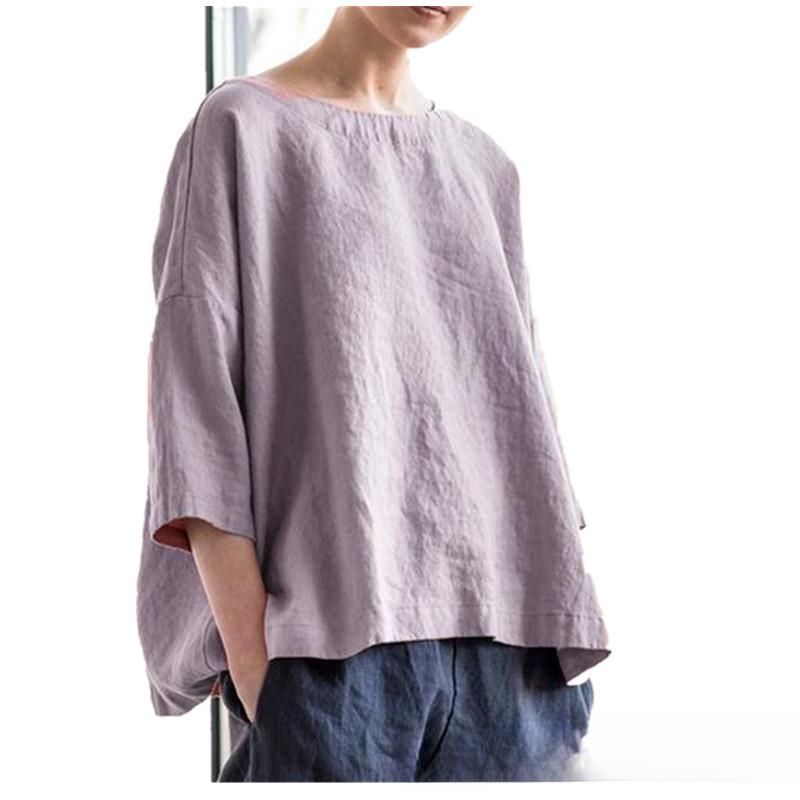 Summer Women's Round Neck T-shirt Cotton and Linen Loose Top Retro Three-quarter Sleeve Blouse Top