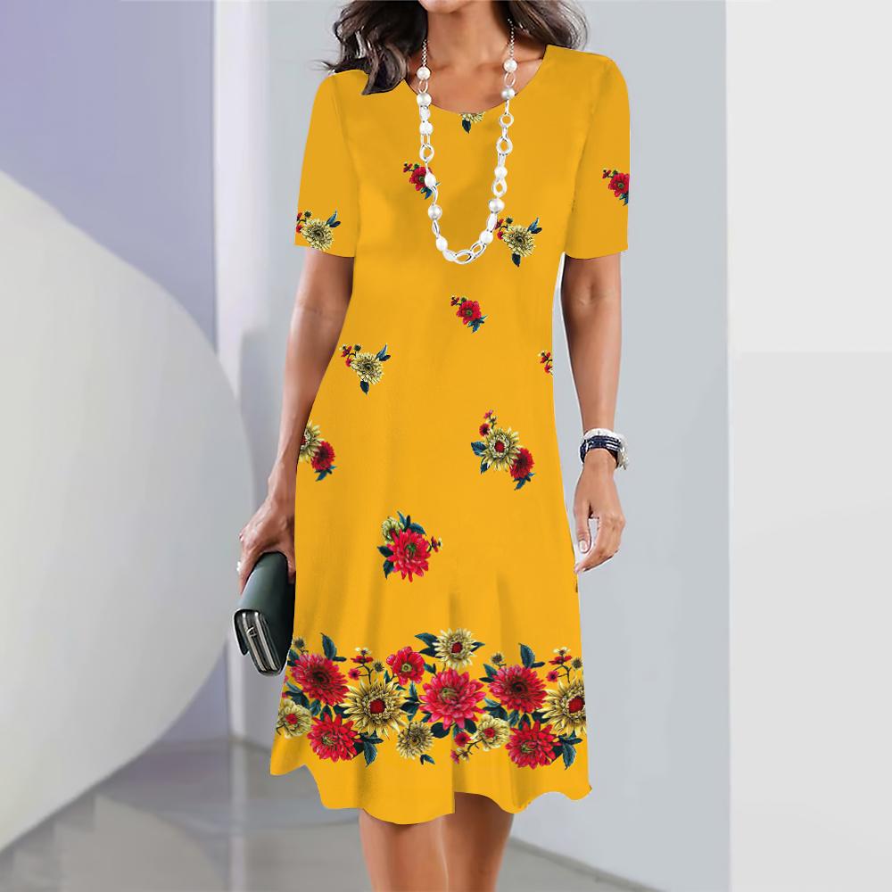 Summer Short Sleeves Dresses Classy Women Dress Loose A-Line Skirt Color Clash Print Woman Clothing Casual Round Collar Pullover