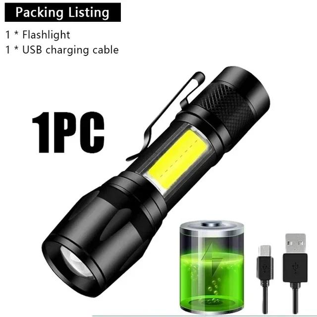 Mini LED Flashlight COB+XPE Portable Torch USB Charging Camping Lantern Zoomable Focus Light Tactical Flashlight with Pen Clip