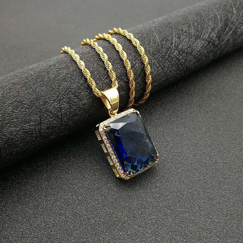 Vintage Hiphop 316L Stainless Steel Jewelry Big Red Green Stone Necklaces Pendants Crystal Gold Color Necklace Gift