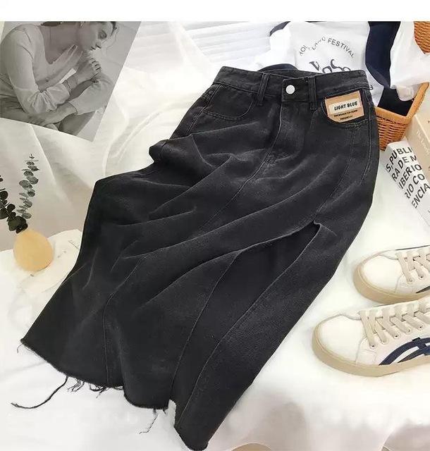 Модная женская джинсовая юбка, новые летние джинсы с высокой талией и боковым разрезом, юбка со средним разрезом, женская однотонная повседневная трапециевидная нижняя часть