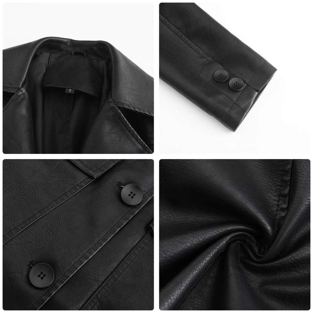 Long Leather Jacket Spring and Autumn Long-sleeved Leather Trench Coat Fashion Female Lapel Single-breasted Jacket