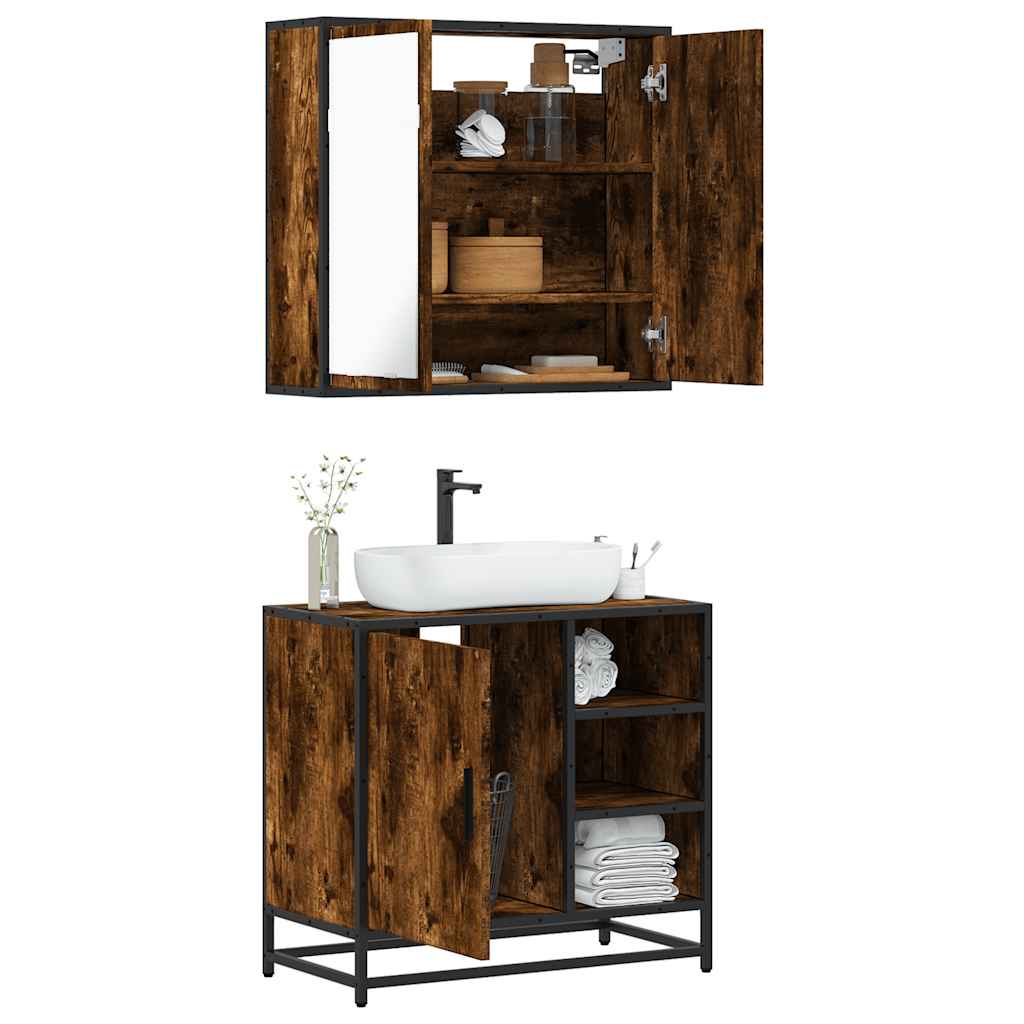 2 Piece Bathroom Furniture Set Smoked Oak Wood Based Panel