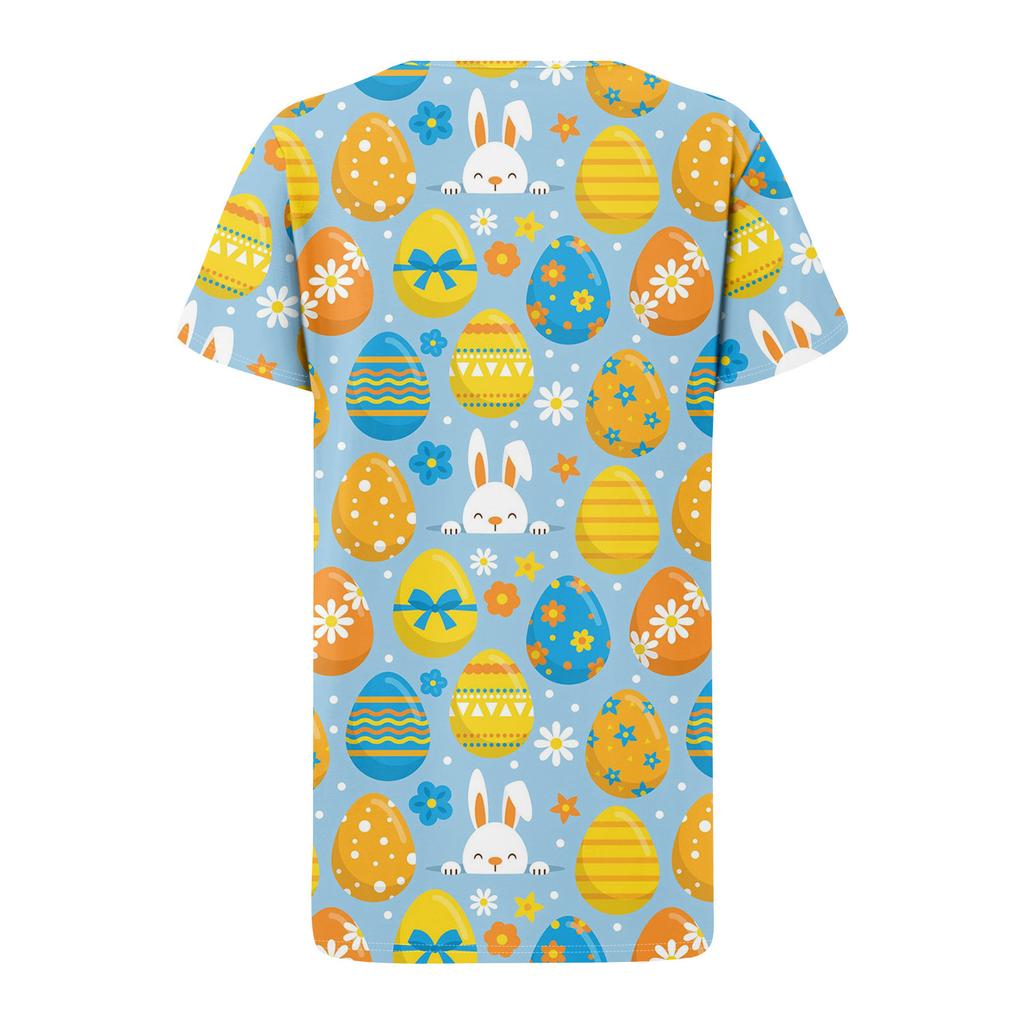 Ladies' Casual V-neck Short Sleeved Shirt With Pleated Easter Print On The Chest