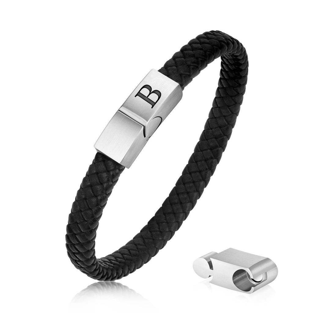 Three-section Extension Magnetic Buckle Black Leather Bracelet for Men and Women with English Letters