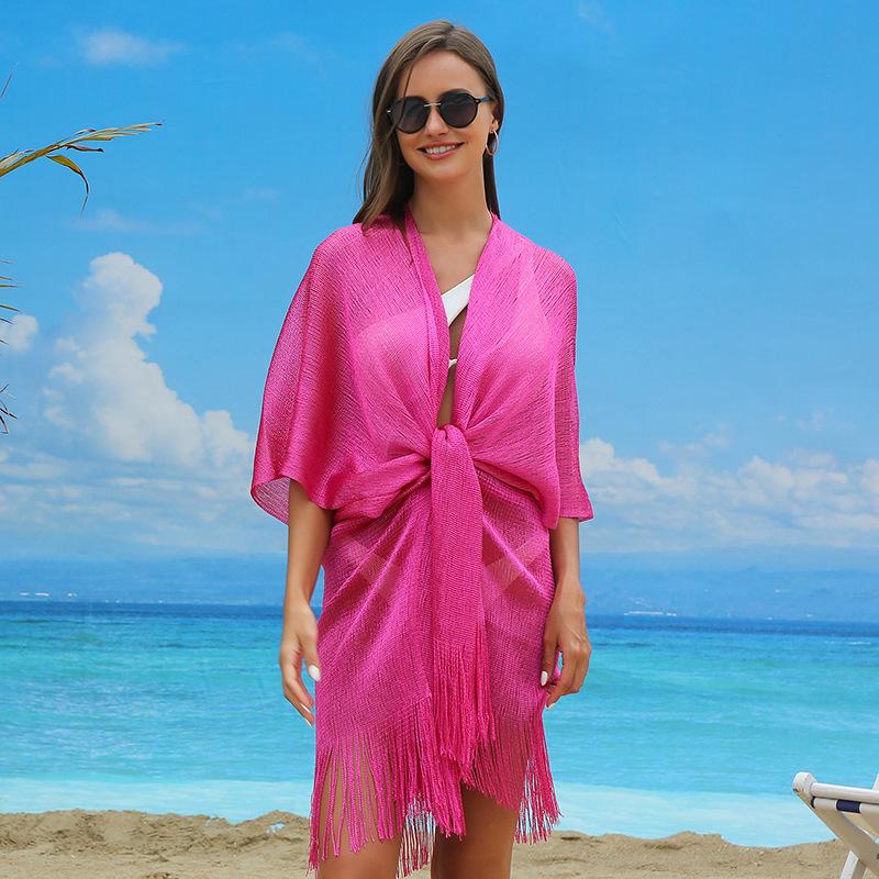 Women's Tassel Cardigan Beach Cover-Up Shawl: Sun Protection Bikini Cover, European & American Style, Hollow Out Design