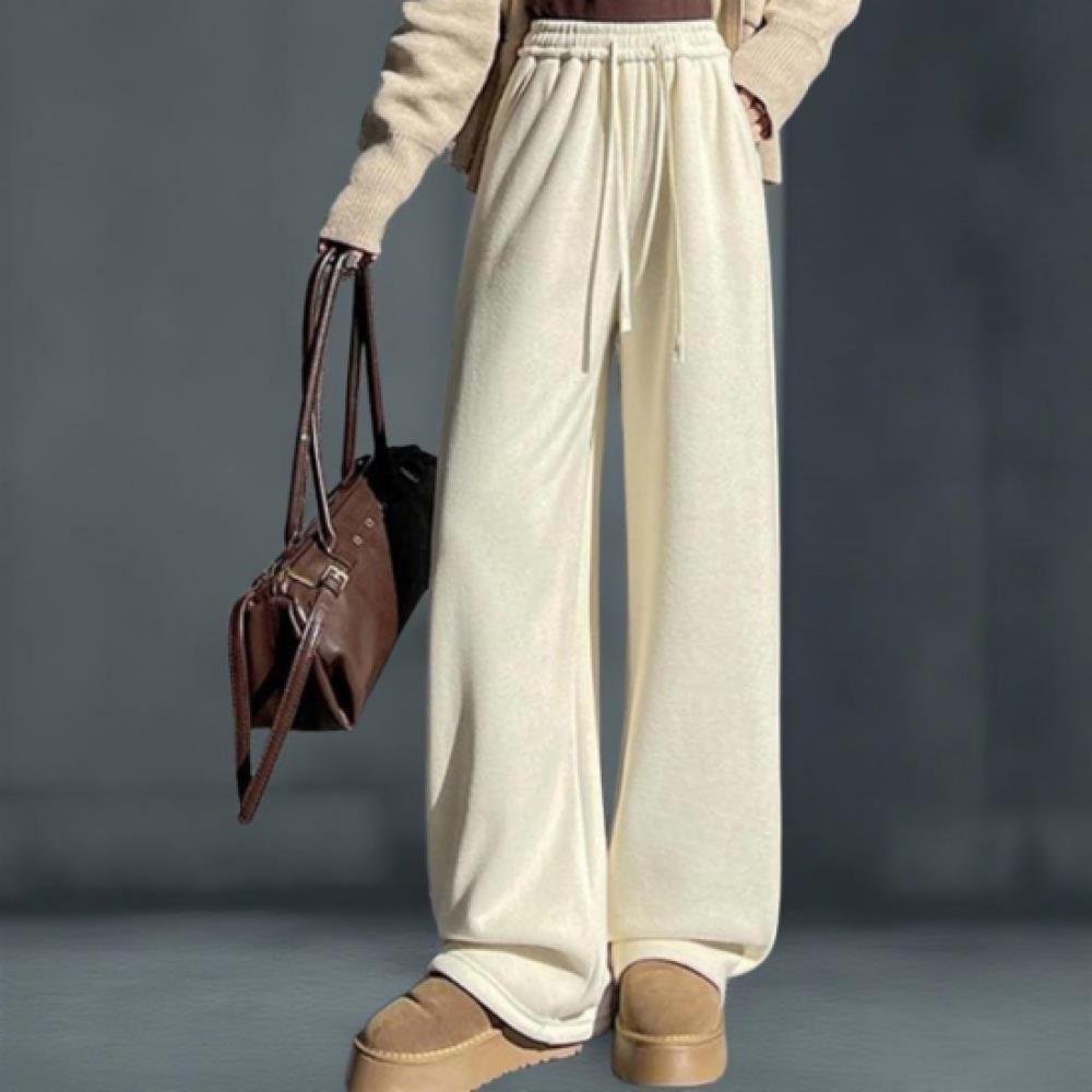 New Arrivals Open Run Women Simple Winter Fleece Wide Pants Strap Banding