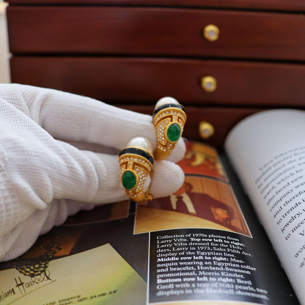 18K Винтажные Старое Золото Реплика Древнеегипетский Хобот Слона 9.5-10 мм Австралийский Белый Изумруд Алмазные Серьги-Гвоздики