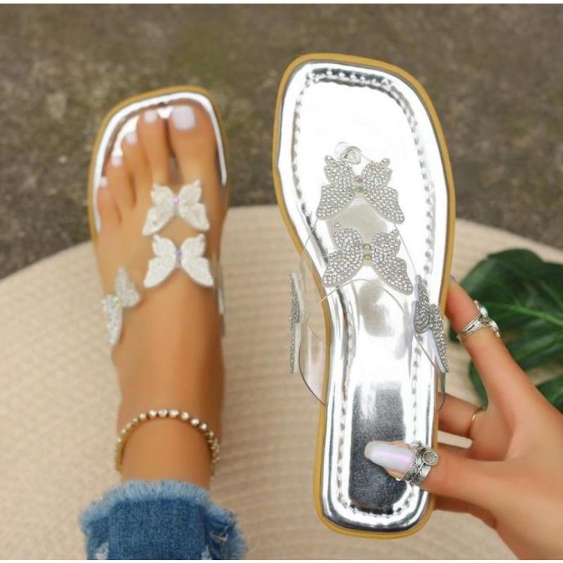 Large Size Flat Slippers Summer New Square Head Transparent Rhinestone Butterfly Sandals Light Slippers