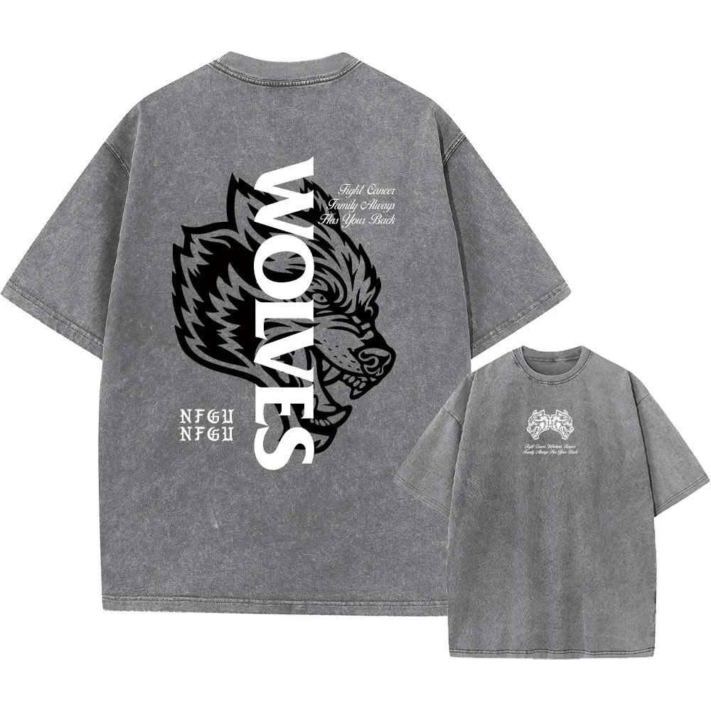 Футболка Vintage Darc Sport Wolves Print Acid T Shirt Men Clothing Cotton Boy Skateboard Short Sleeve Washed Gym Oversize Fitness