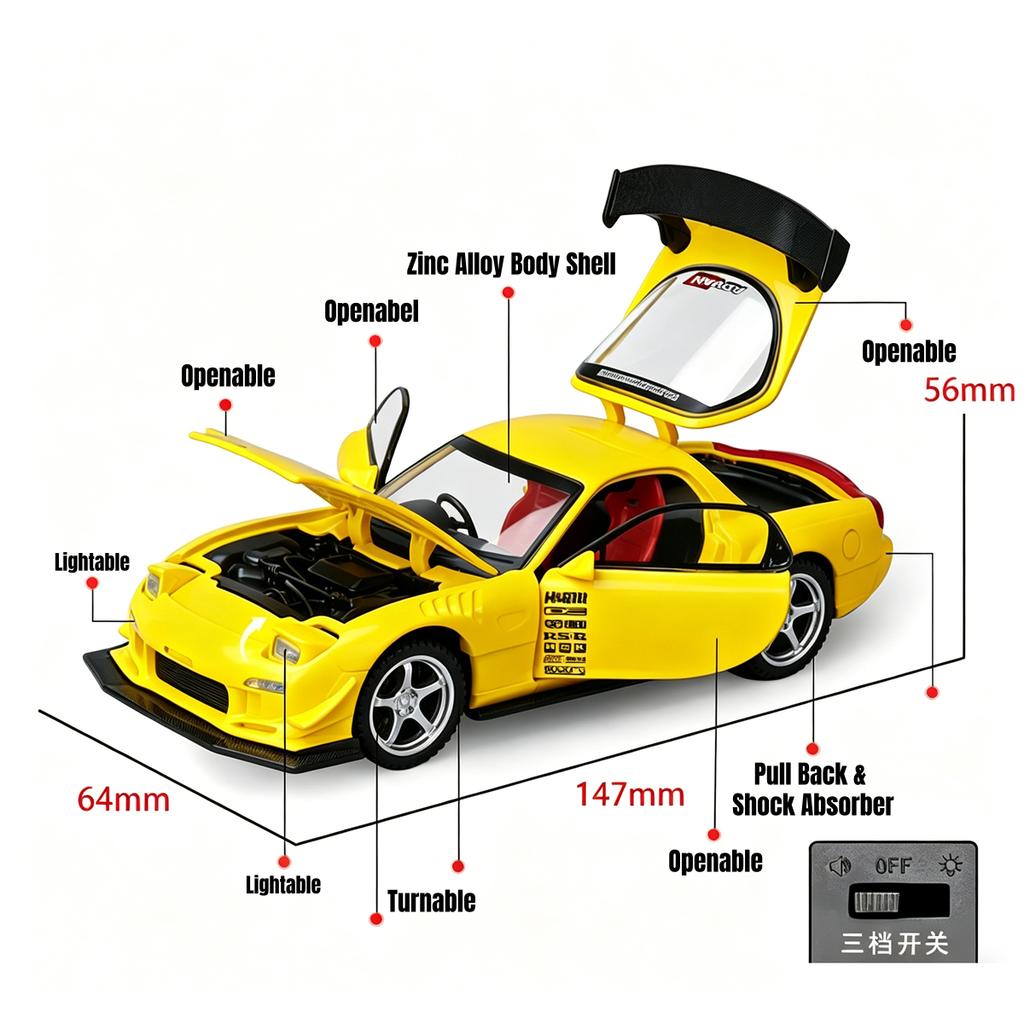 1/32 Mazda RX-7 FD3S Гоночная Миниатюрная Металлическая Модель Игрушечного Автомобиля Звук и Свет Двери Открываются Коллекция Подарок для Детей Мальчика Ребенка