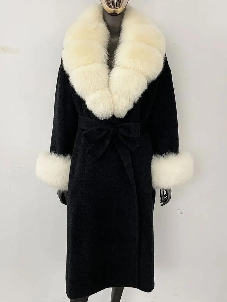 OFTBUY шерстяное пальто женское 2024 осень зима натуральный мех лисы куртка женская длинная теплая натуральный мех лисы воротник меховые манжеты пальто шерстяное пальто