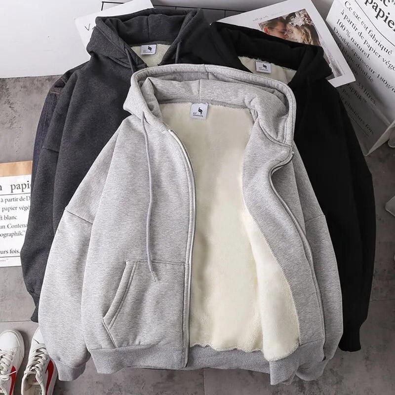 Men's Autumn and Winter Loose Casual Padded Sweatshirt Solid Color Hooded Zipper Jacket