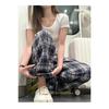 Grey-Blue Plaid Slimming Wide-Leg Patchwork Pants with Drawstring Waist for Summer 2025