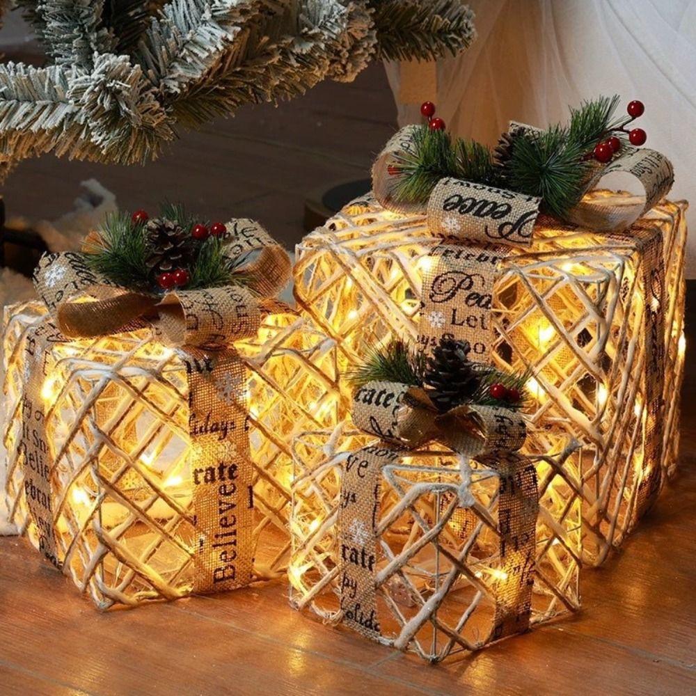 3pcs Plush Design Christmas Light Up Boxes Christmas Decoration Ornament Christmas Decoration
