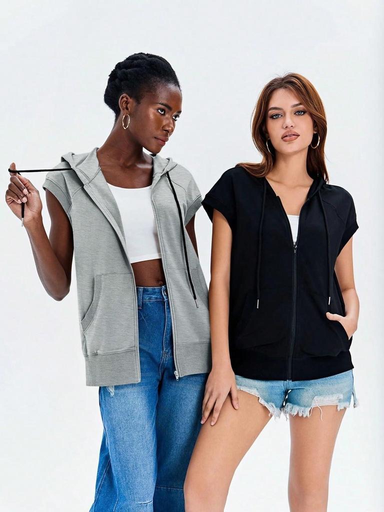 Women's Sleeveless Zip Up Hoodie Vest Loose Drawstring Lightweight Jacket with Pockets