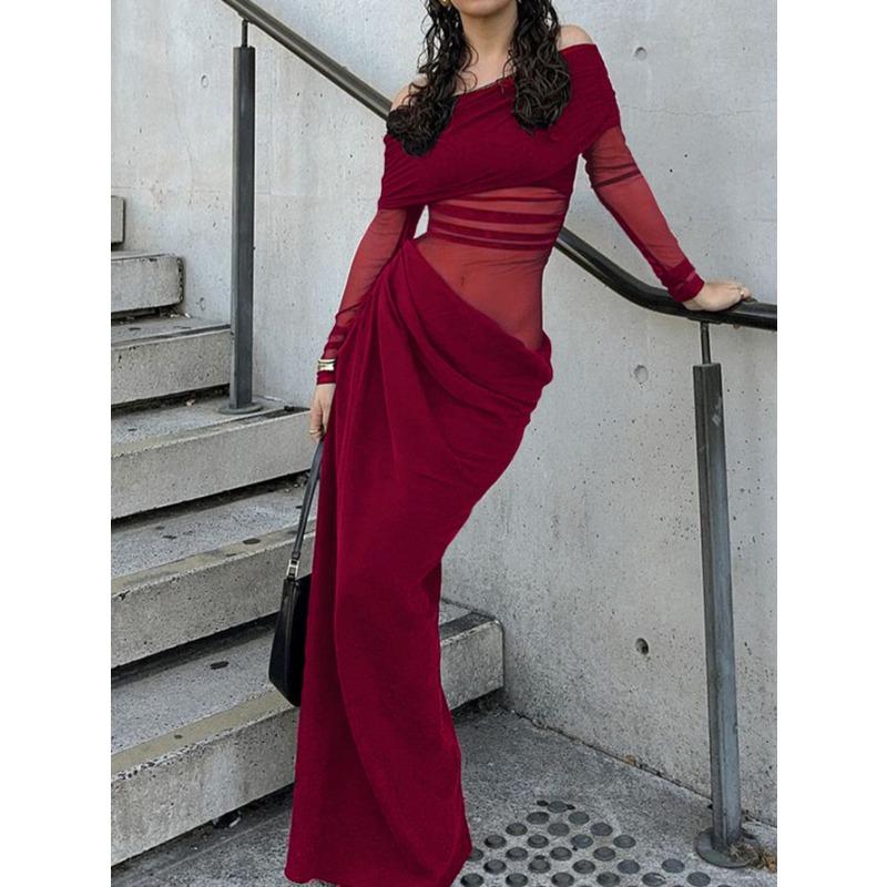 Элегантная сетчатая юбка макси с открытыми плечами и длинными рукавами для женщин на осень и зиму, платье с одним плечом, приталенное, с высокой талией