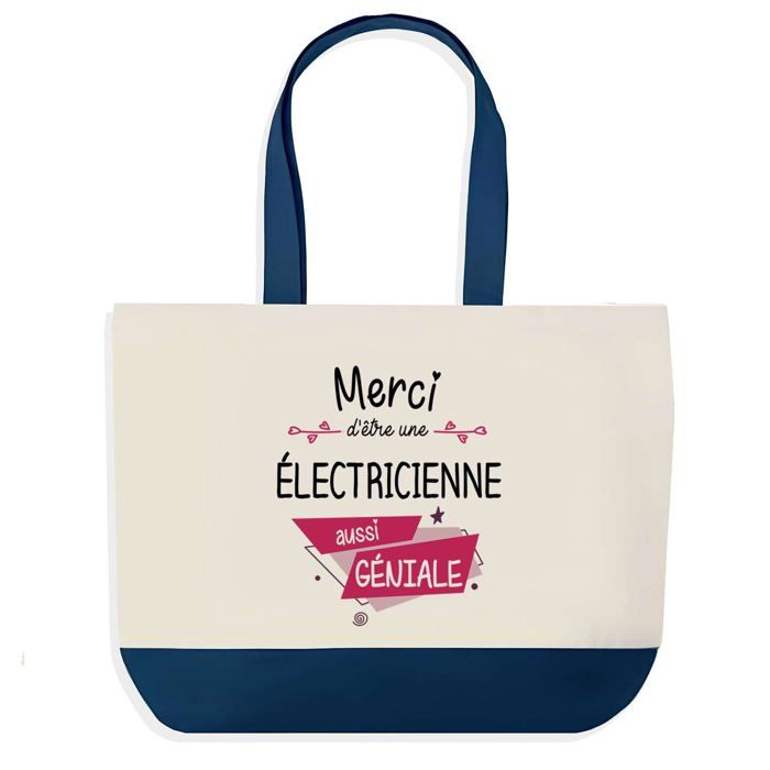 Sac cabas - PLANETEE - Merci Électricienne Géniale - fond bleu - coton 40x45 cm - Fabriqué en France