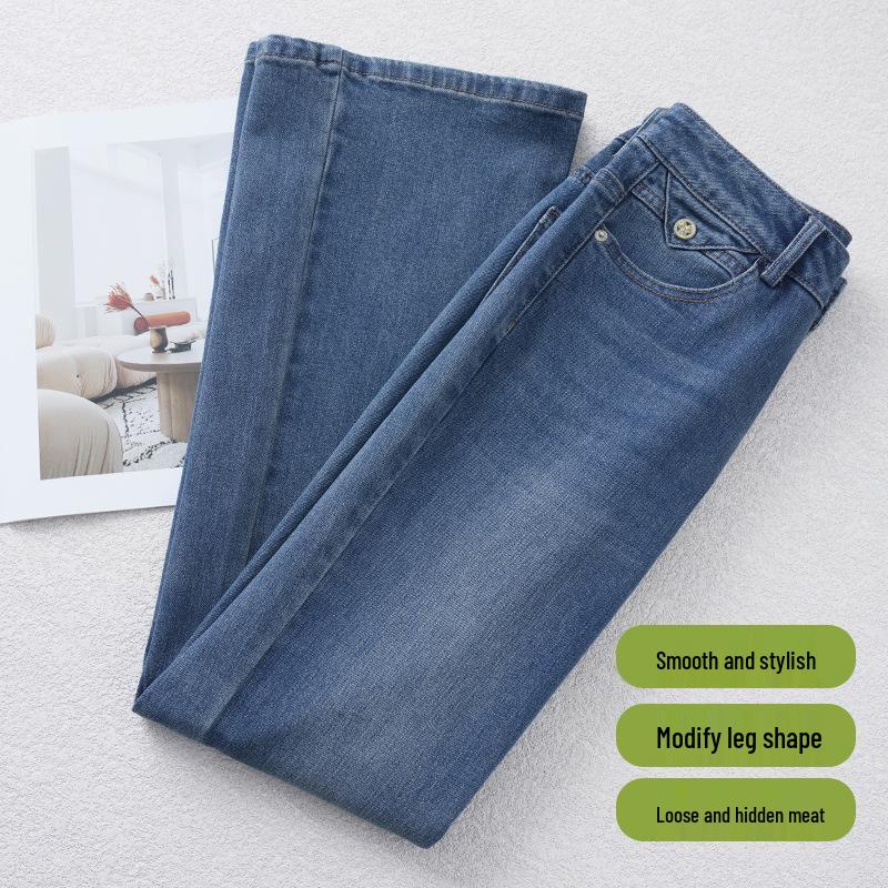 Женские джинсы светло-голубого цвета с высокой посадкой, широкими штанинами и микроклешем - Дизайн в стиле ретро, весна/осень 2025