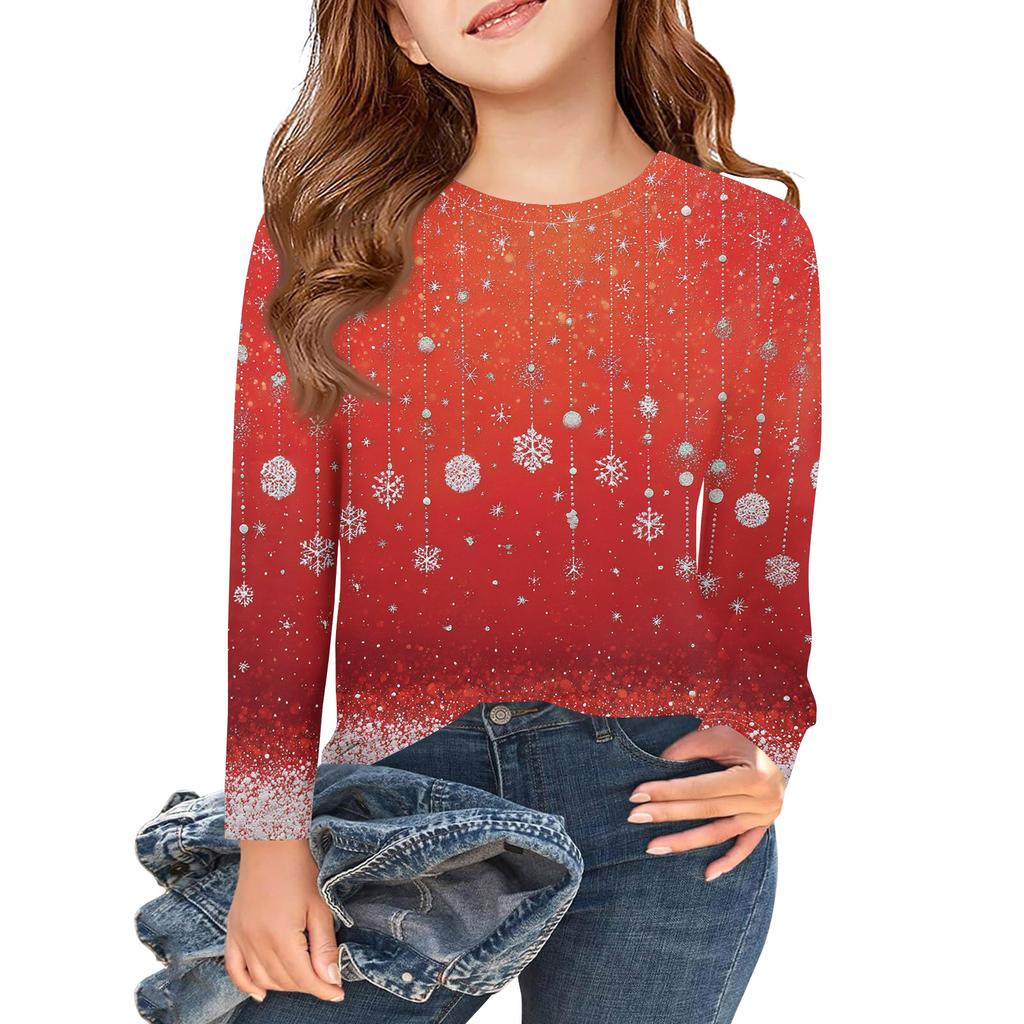 Рождественские футболки с длинным рукавом для девочек, детские осенние топы с круглым вырезом и принтом, базовые футболки