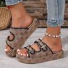 Retro Flower Embroirdery Platform Slippers for Women 2025 Summer Double Buckle Thick Sole Sandals Woman Anti Slip Beach Slides