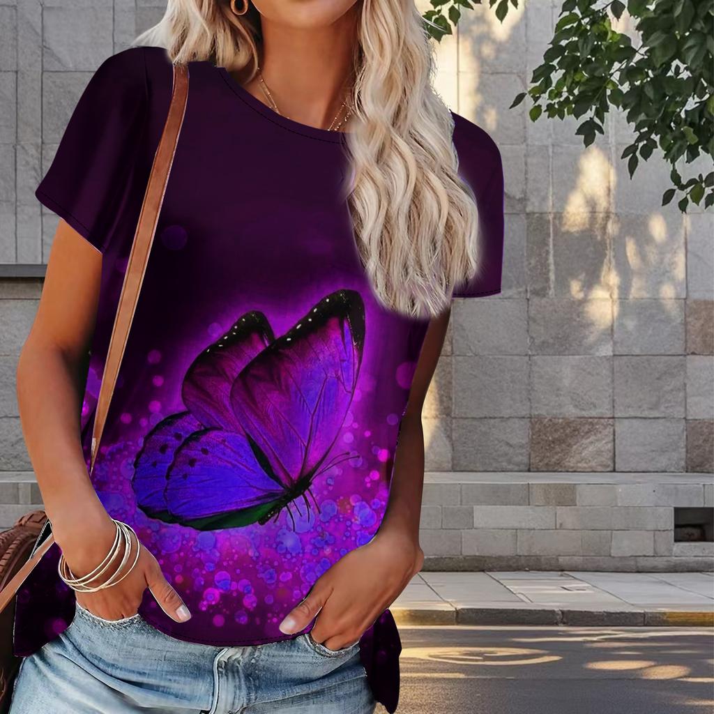 Women Summer T Shirt Butterfly Print Retro Fashion Short Sleeve Tees Casual   Printed  Tops
