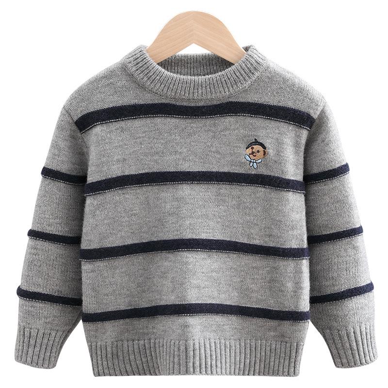 Boys' Striped Wool Crew Neck Sweater - Thick, Warm & Stylish for Autumn/Winter