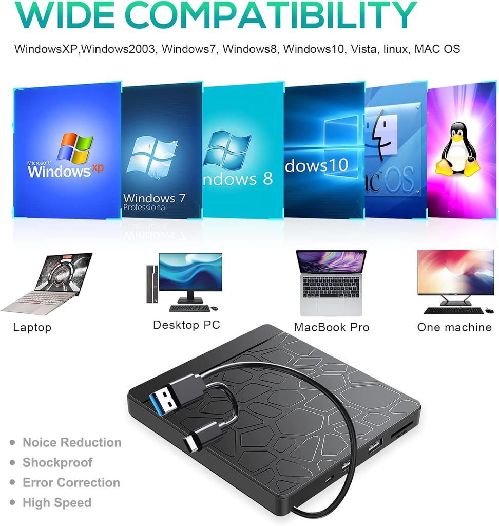 External CD DVD Drive with SD TF Slot & USB Ports, USB 3.0 Type-C Portable CD DVD +/-RW Drive Reader Burner Rewriter for Laptop
