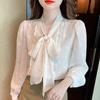 Осенняя мода 2024 года, повседневная шифоновая блузка с длинным рукавом и воротником-бабочкой абрикосового цвета с оборками, женская рубашка, топы, блузки, рубашки J537
