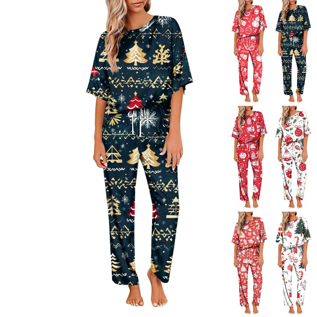 Женский шелковый атласный пижамный комплект с рождественским принтом, рубашка с коротким рукавом и длинные пижамные штаны, мягкая домашняя одежда