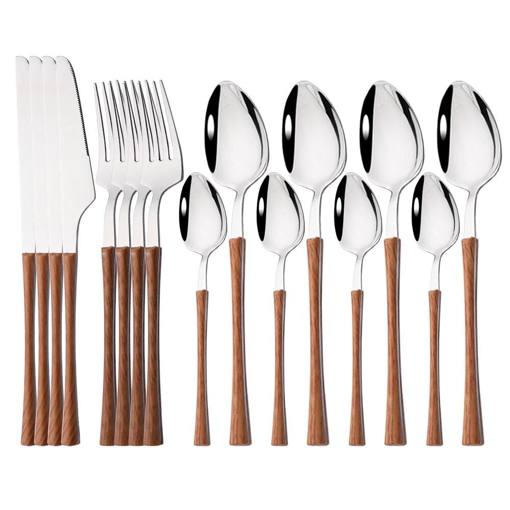16Pcs Kitchen Cutlery Set Utensils Stainless Steel Fork Spoons Knife Teaspoons Dinnerware Tableware Sets Imitation Wooden Handle