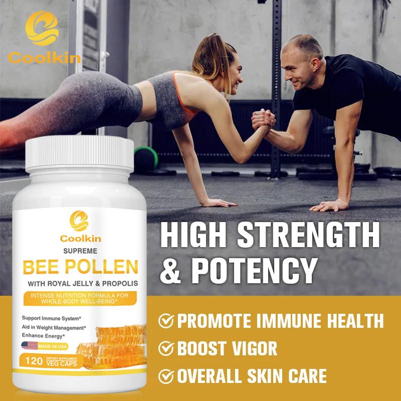 Premium bee pollen capsules, natural bee pollen supplement, containing royal jelly, bee pollen and propolis, suitable for adults.