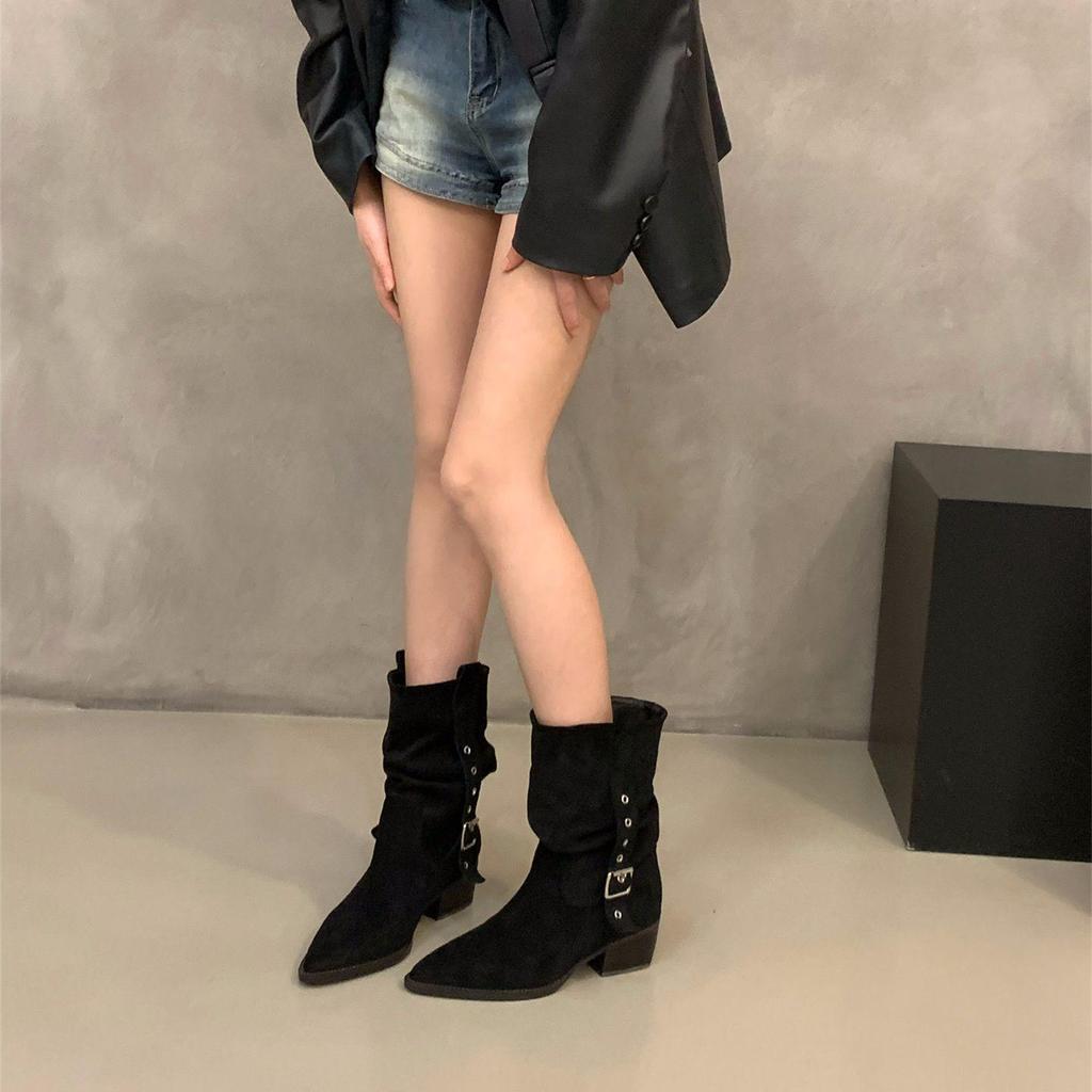 Women's Suede Pointed Toe Mid-Calf Western Boots - Autumn/Winter 2025 Collection