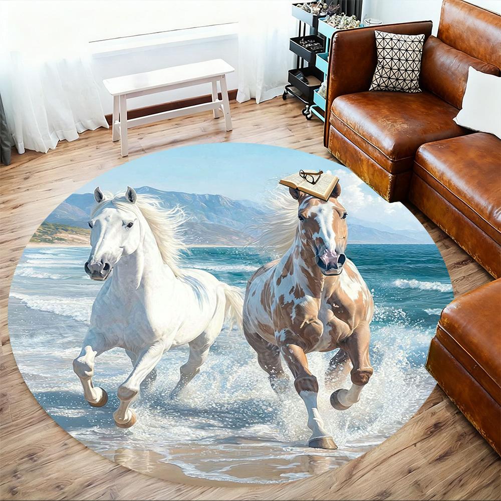 1PC beach horses Office Round Area Rug, Under Office Chairs Bedroom Living Room Home Decor,Carpet for Office, -1110191