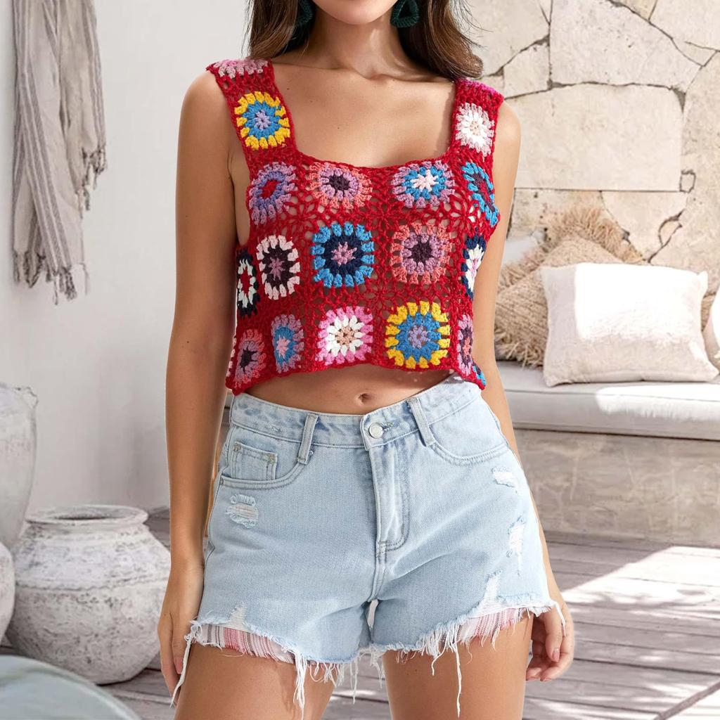 Женская ручная вышивка крючком, полая трикотажная майка, женская короткая майка для пляжного отдыха, без рукавов