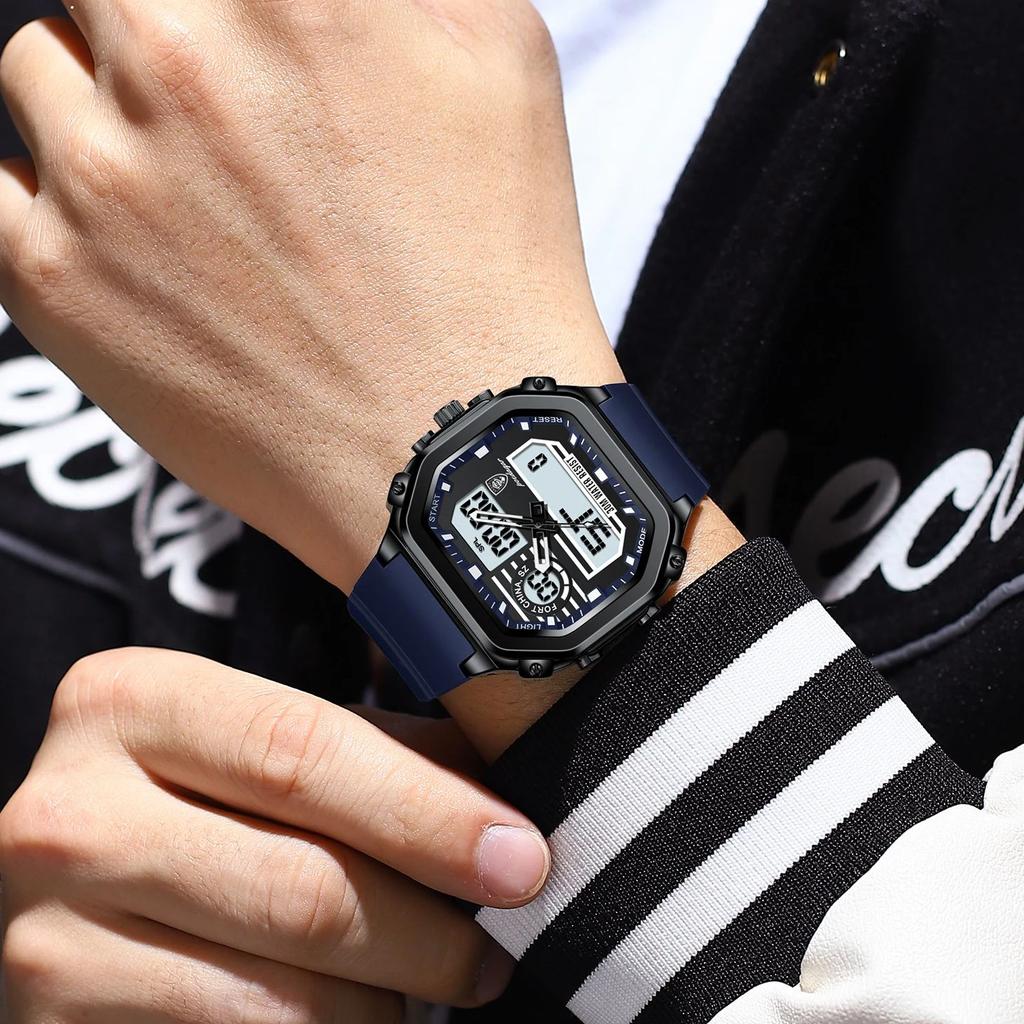 Спортивные квадратные мужские часы Водонепроницаемые Светодиодные светящиеся Неделя Дата Наручные часы Силиконовый ремешок Электронные кварцевые часы