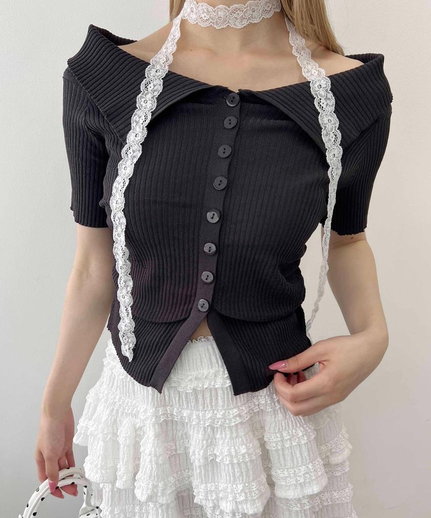 WEGO PHILLY Button Short Sleeve Size Charcoal Off-the-Shoulder Top, Cute, Girly, Women's, F,