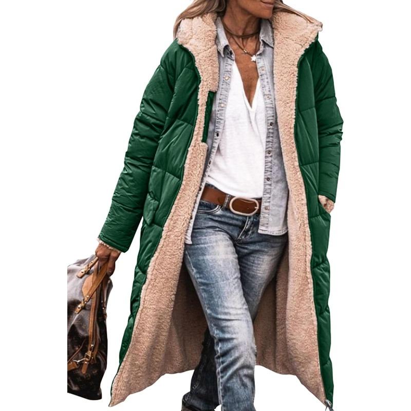 Winter Women's Warm Coats Reversible Slim Fit Sherpa Fleece Long Solid Color Hooded Puffer Jackets Outerwear