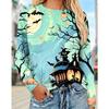Autumn and Winter Ladies Halloween 3D Printed Crew Neck Long Sleeve T-Shirt