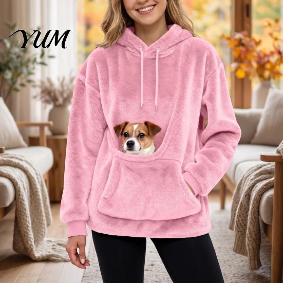 Dog Carrying Pullover Top Women Pet Pouch Hoodie, Oversized Fuzzy Hooded Sweatshirt with Kangaroo Hoodie Pouch, Cat for Fall Winter Hands Free