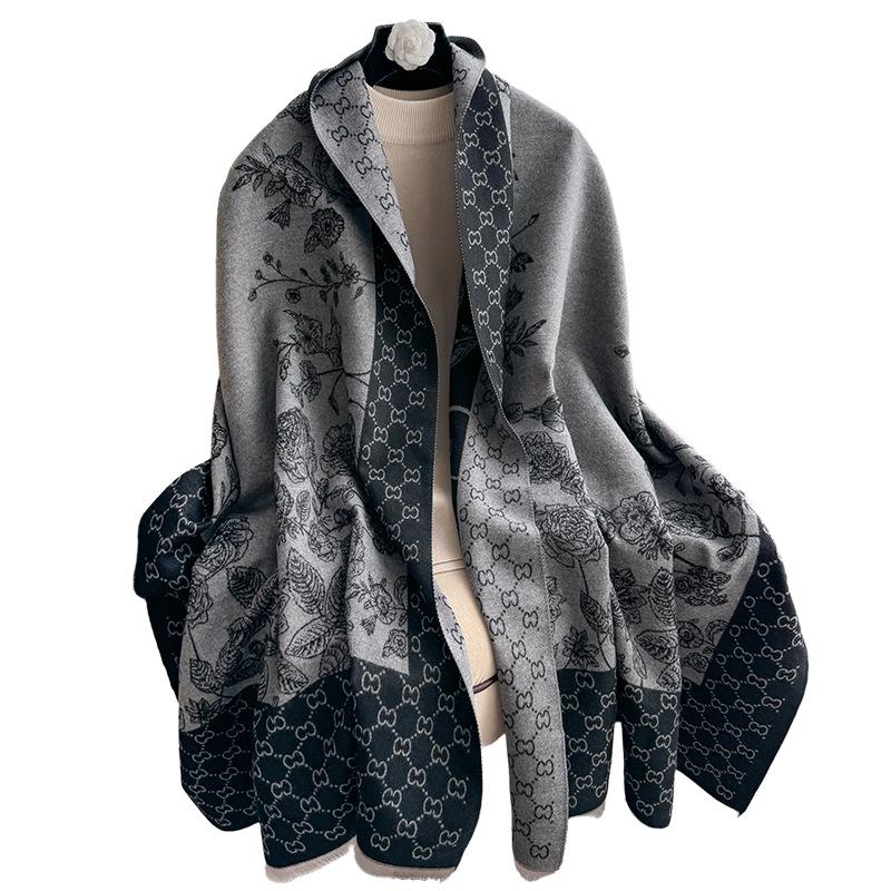 Imitation Cashmere Flowers Retro Simple Texture Printing Double-Sided Warm Scarf Shawl Outer Cover Women