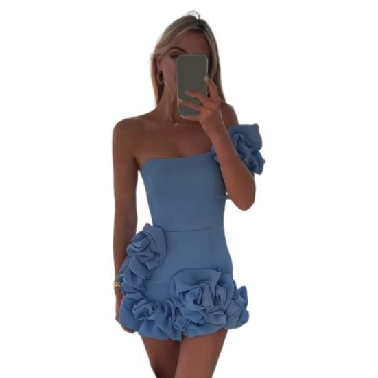 Women Evening Dress One Shoulder Ruffle Flower Decor Slim Waist Sheath Sleeveless Pure Color Backless Bandeau Mini Dress Prom Party Short Dress