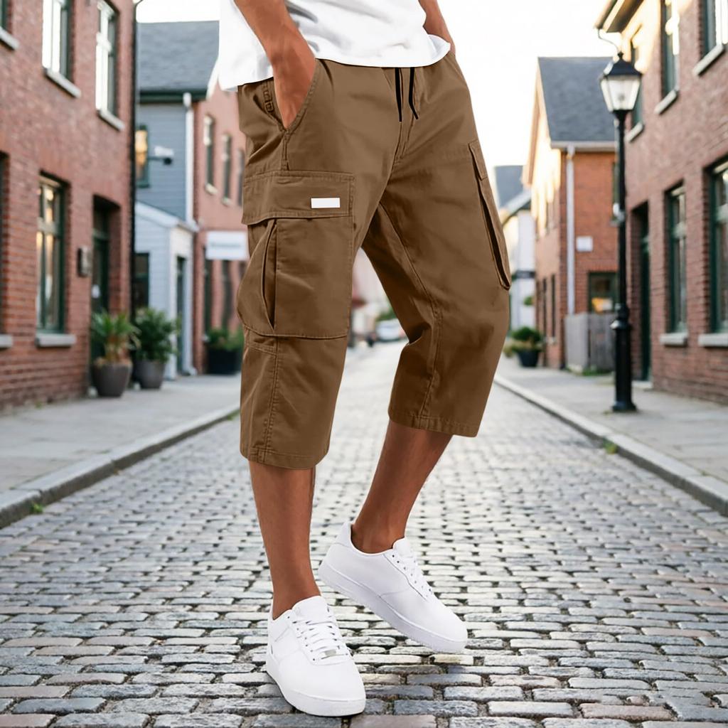 Men’s Drawstring Cargo Pants Multi Pocket Relaxed Fit Seven Quarter Length Casual Trousers for Daily Wear Outdoor Activities