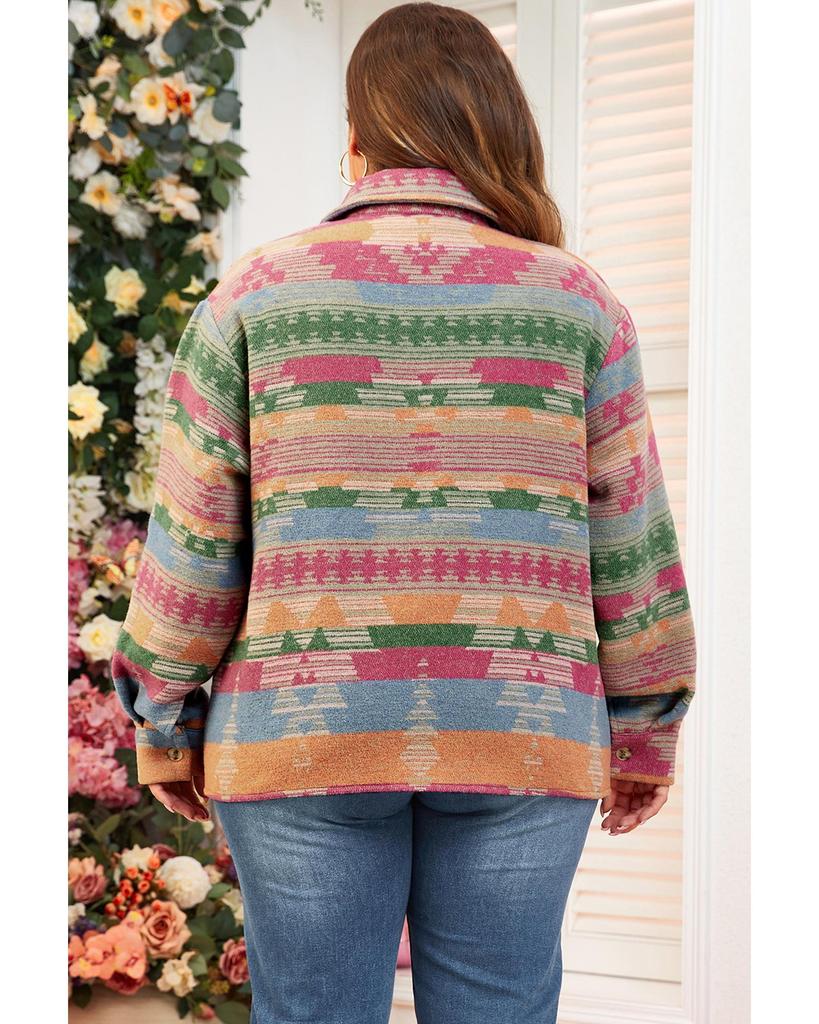 Azura Exchange Pink Plus Size Aztec Printed Flap Pocket Shacket