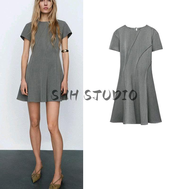 Spring New Women Clothes Stitching Decorative Round Neck Short Sleeve A- Line Hem Mini Dress 2121023