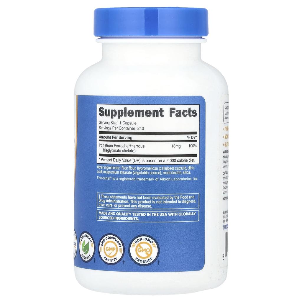 Nutricost, хелат железа от Ferrochel®, 18 мг, 240 капсул