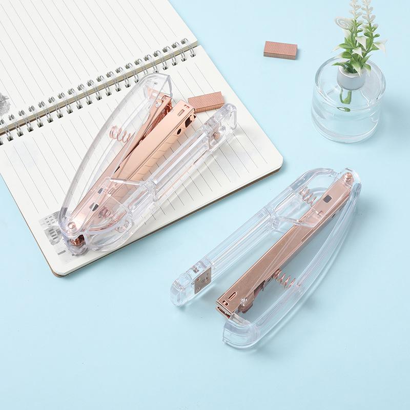 "Rose Gold Transparent Fashion Light Luxury Stapler for Office & Student - Labor-Saving 24/6 Binding Machine"