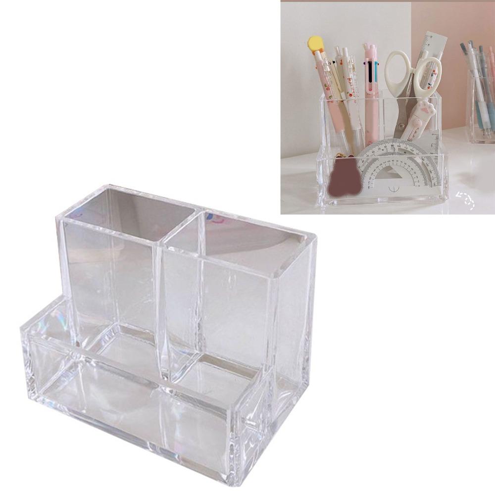 Space Saving Clear Pencil Organizer Cup 3 Compartments Transparent Pen Holder Countertop Desk